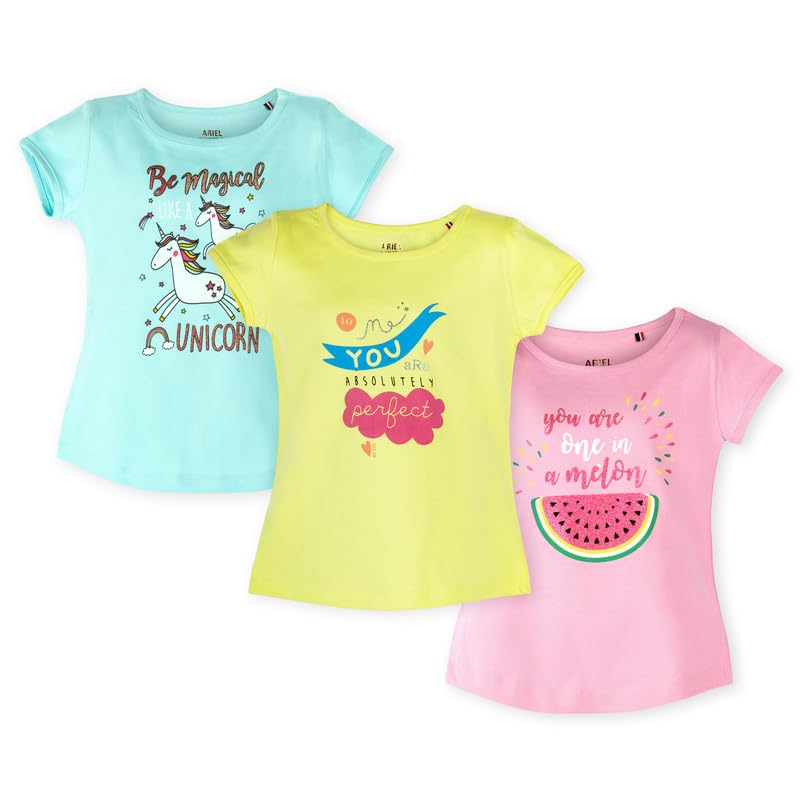 ARIEL Girls Regular Fit Half Sleeves Tshirt (Pack of 3)