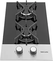 SUGGAR COOKTOP VIDRO PRETO E INOX A GÁS 2 QUEIMADORES ESMALTADOS DIFERENTES TAMANHOS TREMPES FERRO FUNDIDO FG2002FVPIX