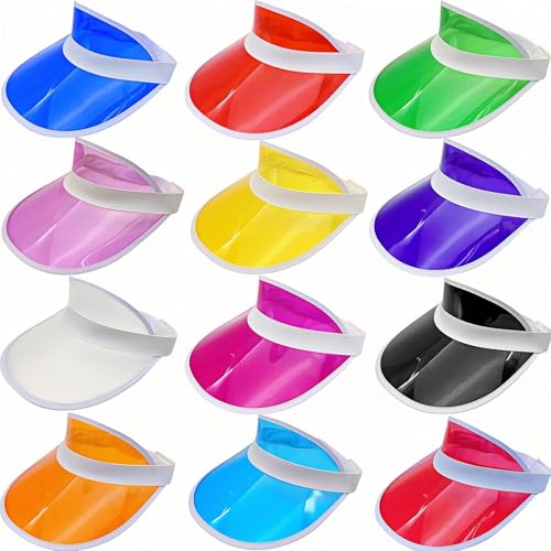 Image of 12 Pack Unisex Sun Visors Plastic Transparent Candy Color Poker Hat for Sports Outdoor Summer Beach Activities