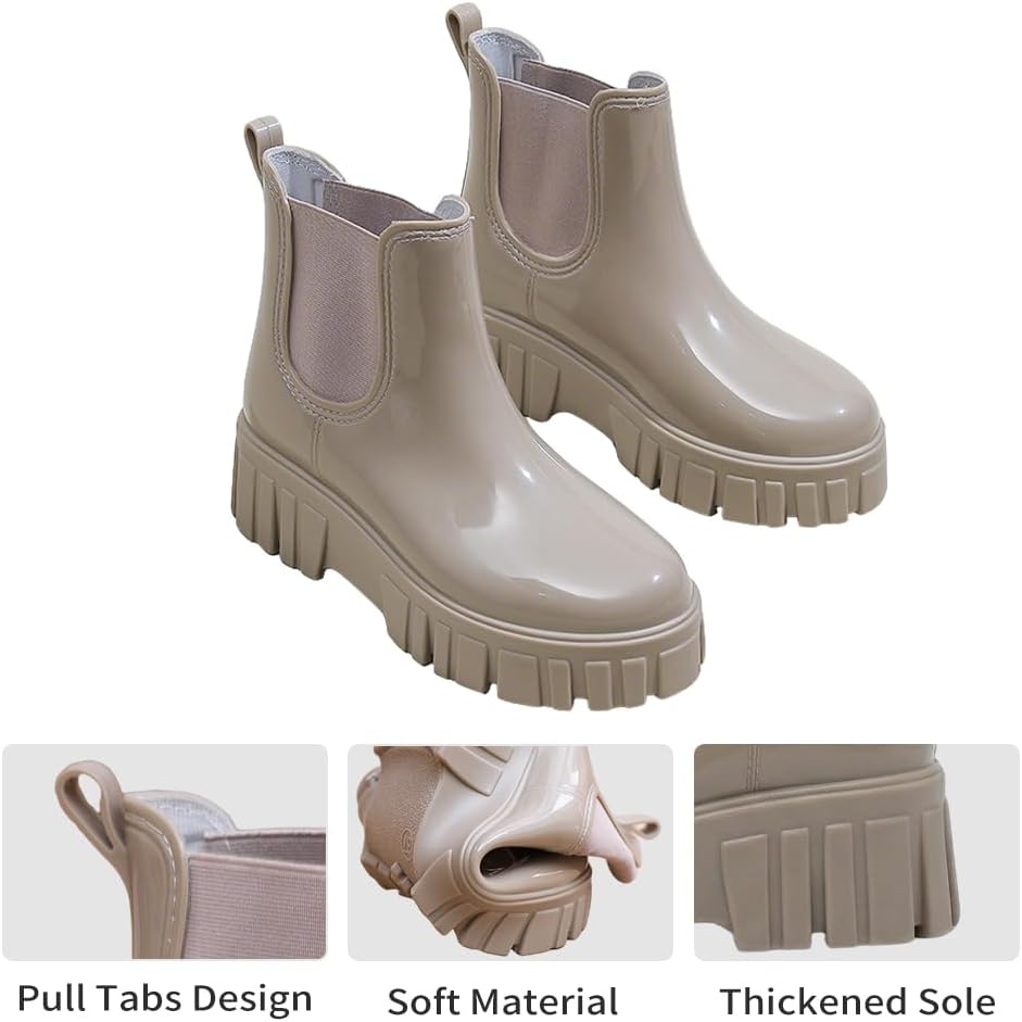 Drecage Waterproof Womens Chelsea Rain Boots, Stylish Glossy Short Rubber Ankle Boots, Lightweight Chunky Platform Heel Garden Rain Shoes, Slip-On Non Slip Booties