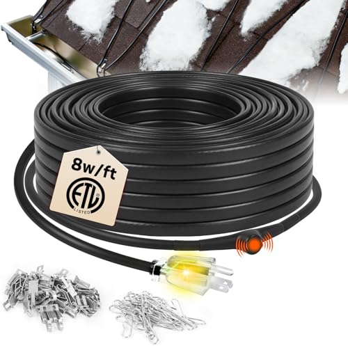 HEATIT 12ft Self-Regulating Heat Tape, 120V 8W/ft Roof & Gutter & Pipes Heating Cable with Thermostat and 10ft Lighted Plug, De-Icing Cable for Ice Dam Prevention & Freeze Protection，ETL Listed