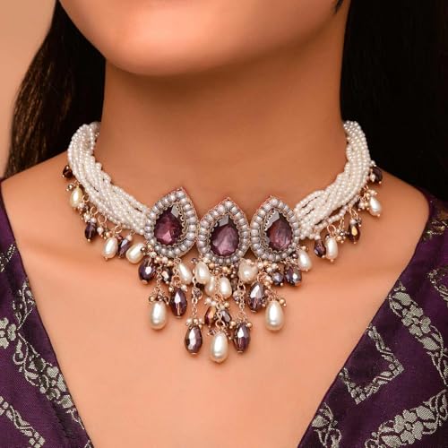 Image of SANJOYA by EVERSTYLISH Embroidered Choker Necklace for Women | Stone, Beads & Pearl Statement Neckpiece | Ethnic Jewelry for Weddings, Festivals & Special Occasions