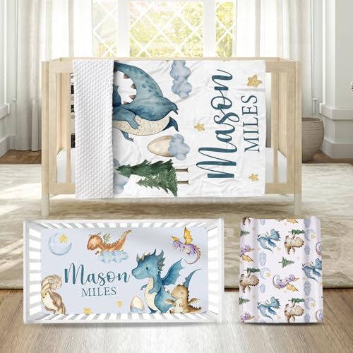 HSHRYY Custom Nursery Crib Bedding Set - Personalized Nursery Decor Baby Blanket Fitted Crib Sheet Changing Pad Cover Baby Room Rug Blue Dinosaur Pattern Gift Idea – A Fun Touch for The Nursery