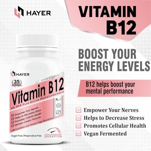 Image of HAYER Plant-Based Vitamin B12 Supplements for Women, Methylcobalamin 1500 mcg with Moringa, Vitamin D3 & B1 | Vegetarian B12 Tablets for Energy & Nervous System Support, 60 Tablets