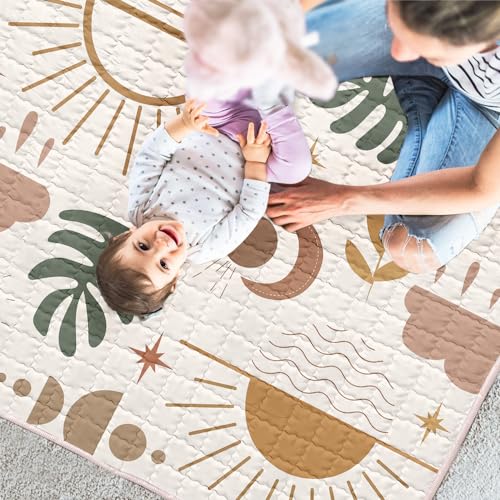 Beavtaens Baby Play Mat, 50x50 Playpen Mat with Super Soft Touch, Activity Mat with Upgraded Anti-Slip Bottom, Machine Washable Crawling Mat for Floor & Picnic (Boho Nature) - Thumbnail 5