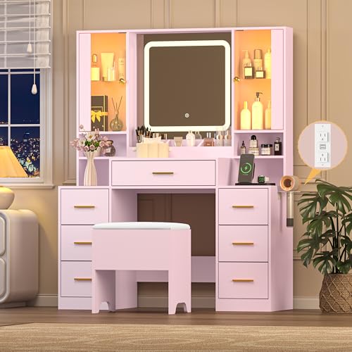 Wodeer Pink Makeup Vanity Desk with Mirror & Lights, Modern Vanity Table with Charging Station, 7 Drawers, Glass Cabinet, Shelves & Cushioned Stool, Bedroom Dressing Table Set for Women & Girls