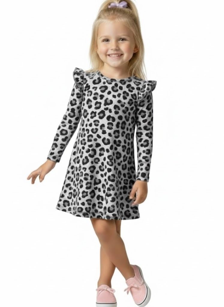 Girls Ruffle Sleeve Knee Length Printed Casual Dress | Soft Comfort Fit with Stylish All-Over Print | Trendy Ruffle Shoulder Kids Casual Outfit for Girls