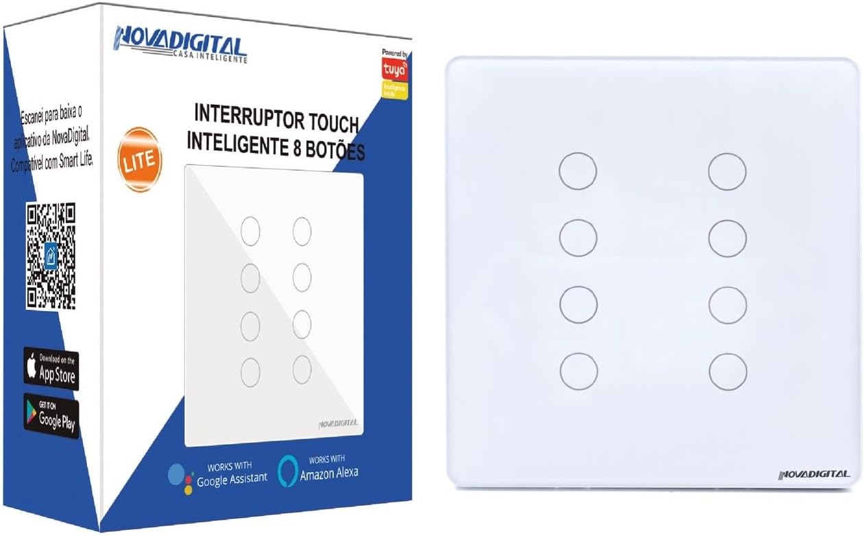 Interruptor Inteligente Wi-Fi NovaDigital WS-US8 Para Automação Residencial Com 8 Canais - 8 Botões (Teclas Touch) - Tamanho 4x4 - Tuya e Smart Life - Compatível com Alexa e Google Assistente (White)