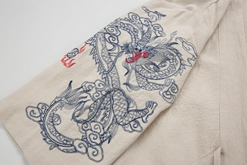 Image of Mens Japanese Kimono Cardigan Cotton Linen Haori Fashion 3 /4 Sleeve Yukata | Shawl Collar Kimono Jacket Robe Embroidery Patchwork Happi Coat Tie Pockets Lightweight Outerwear Daily Casual All Seasons