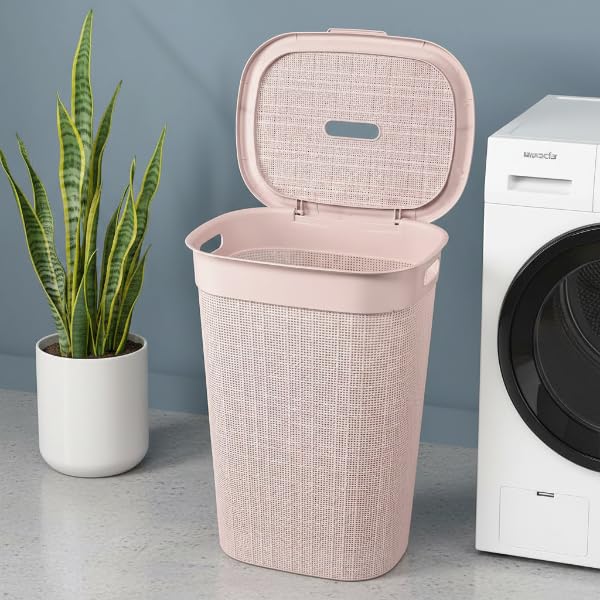 Image of KITCHIVO Plastic Large 55 Ltr Laundry Basket with Lid & Handle | Multipurpose Hamper Bins Storing Washable Clothes, Blankets | Household Ideal for Home & Bathroom (Woods Light Pink Laundry Basket)