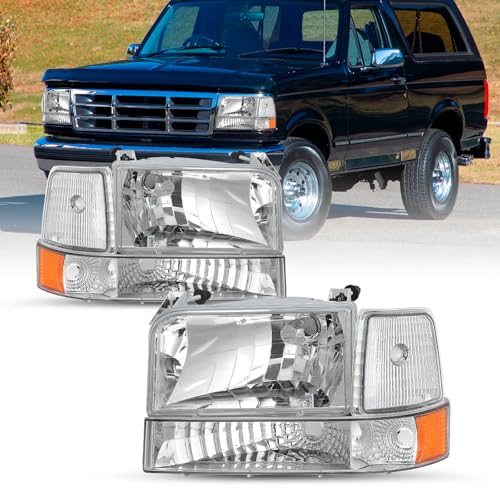 SOCKIR 6PCS Headlight Assembly Fit for 1992-1996 Ford F150 Bronco 1992-1997 Ford F250 F350 Super Duty w/Corner Signal Bumper Lights Chrome Housing with Amber Reflector