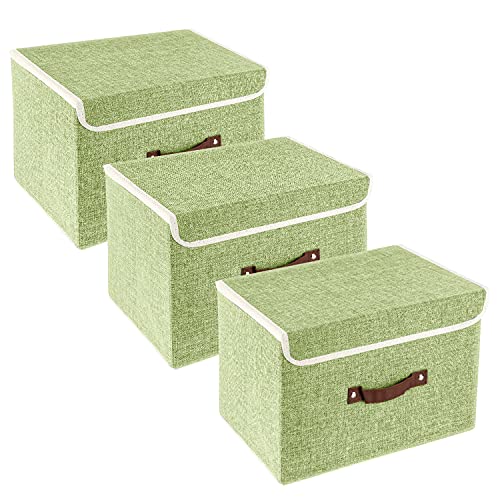 TYEERS Boîte de Rangement avec Couvercle, Tissu, Lavable, Rangement Tissu, 38x25x25 cm, Lot de 3, Vert