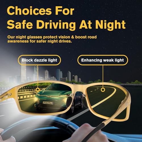 Image of BIRCEN Night Vision Glasses for Driving: Al-Mg Metal Yellow Anti-Glare Night Glasses Reduce Eye Strain for Drivers Rain Fog Snow