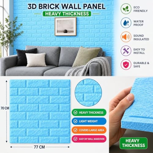 Image of 3D Brick Wallpaper for Wall | Self Adhesive PE Foam DIY Panel | Peel & Stick Decor for Home, Living, Bedroom & Office (70 x 77 cm, Appx 5.8 Sq Ft) (8, Sky Blue)