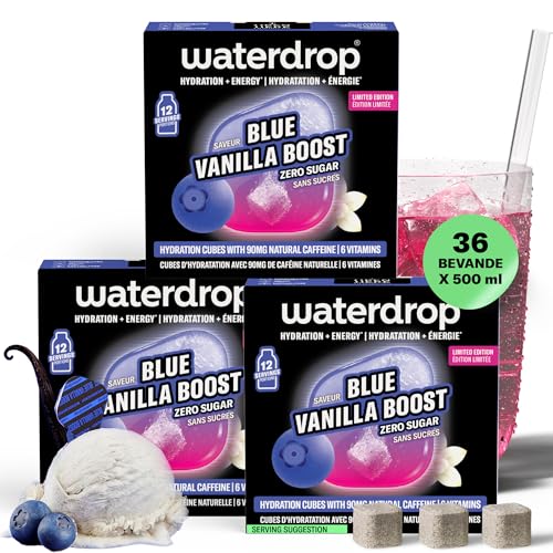 waterdrop® Microenergy Blue Vanilla - 36 waterdrop cubetti per acqua - 90mg di Caffeina naturale e Vitamina - Zero Zuccheri e poche Calorie - Alternativa a Energy Drink polvere - acqua aromatizzata