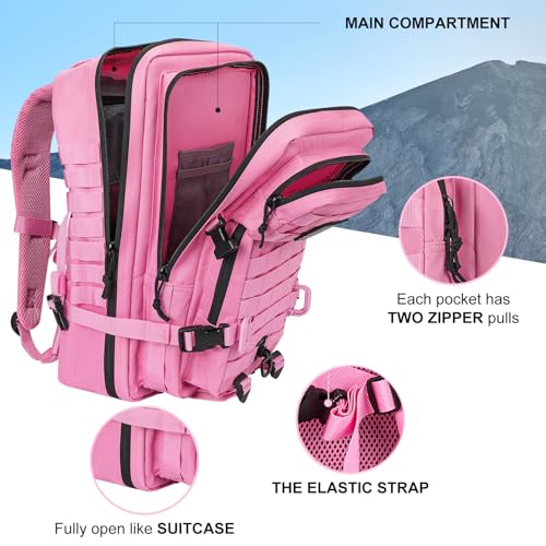Image of Hannibal Tactical MOLLE Assault Backpack, Tactical Backpack Military Army Camping Rucksack, 3-Day Pack Trip w /USA Flag Patch, D-Rings, Pink