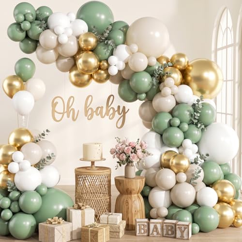 KARLURE Sage Green Balloon Arch Kit Garland with White Gold Sand Balloons for Baby Shower Baby In Bloom Wedding Birthday First Communion Neutral Rustic Boho Botanical Greenery Wild Party Decorations
