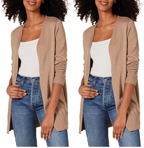 Amazon Essentials Women's Lightweight Long Sleeve Open-Front Cardigan Sweater (Available in Plus Size), Camel Heather, Small