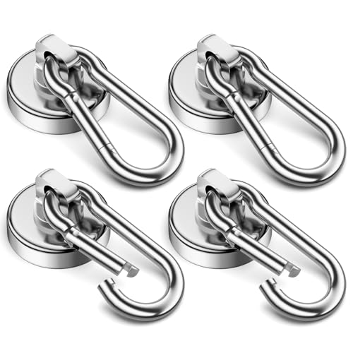 4Pack 60LBS Magnetic Hooks Heavy Duty Neodymium Magnet with Swiveling Carabiner Magnet Snap Hook for Indoor/Outdoor Hanging Bag Kitchen Garage Magnet Type Cruise Ship Magnetic Hook