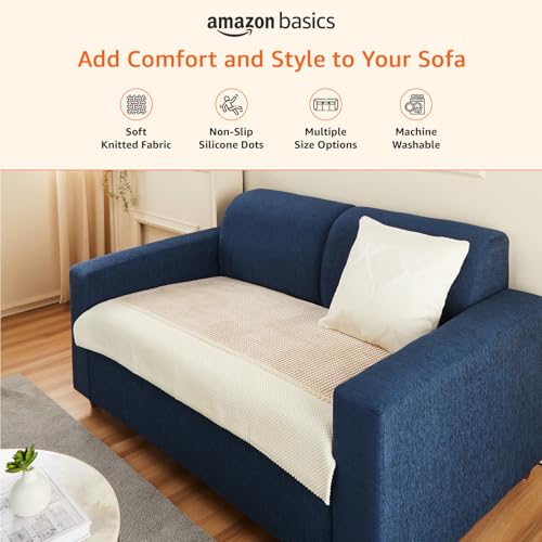 Image of Amazon Basics Knitted Fabric Sofa Cover for Two Seater, Playful Polka Dots, Non-Slip Sofa Pad, 70x120 cm, Soft Silicone Grip Dots, 100% Polyester, Machine Washable - Camel