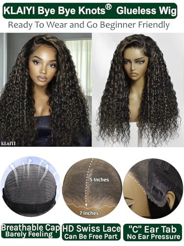 Image of KLAIYI Golden Brown Water Wave Bye Bye Knots Glueless Wig Human Hair Highlight 7x5 Precut Lace Front Pre Plucked Bleached Ombre 3S Ready to Wear Go Beginners Wig with Dark Roots Deep Curly Wave 22Inch