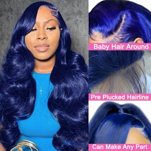 Image of 26 Inch Drak Blue 13x4 Body Wave Lace Front Wigs Human Hair 180 Density Glueless HD Transparent Lace Frontal Wigs Human Hair Pre Plucked With Baby Hair Blue Wigs For Women