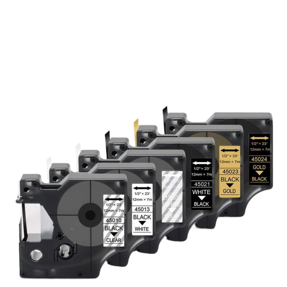 6PK D1 12mm Cinta de Etiquetas reemplazo de Cinta de Casete Compatible con la etiquetadora LM160 se Adapta a los Modelos 45010 45013 45020 45021 45023 45024