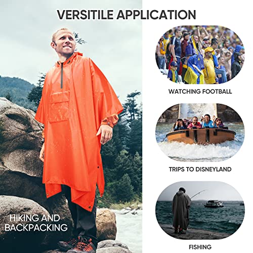 Image of PTEROMY Hooded Rain Poncho for Adult, Waterproof Lightweight Unisex Raincoat for Hiking Camping Emergency