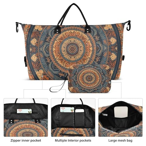 Large Travel Duffel Bag, Mandala Print Boho Sports Tote Gym Bag, Shoulder Weekender Overnight Bag for Women Men, Carry On Luggage with Toiletry Bags2