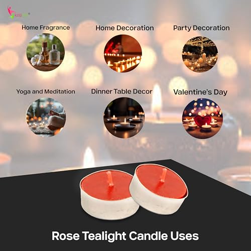 Image of Kriti Life Rose Scented Tealight Candles - 100% Paraffin Wax, Smokeless, Long Burn Time (4.5 Hours), Dripless Red Candles for Home Decor, Diwali, Weddings & Meditation - Set of 50