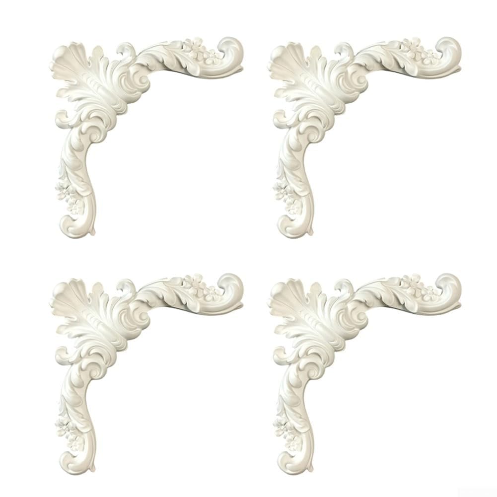 HEIBTENY 4Pcs Decorative Corner Molding Set, PU Fleur De Lis Wall Panels for French Style Interior, Paintable White Wall Trim Kits for Door Frame and Ceiling, 10-16cm(13.5cm)