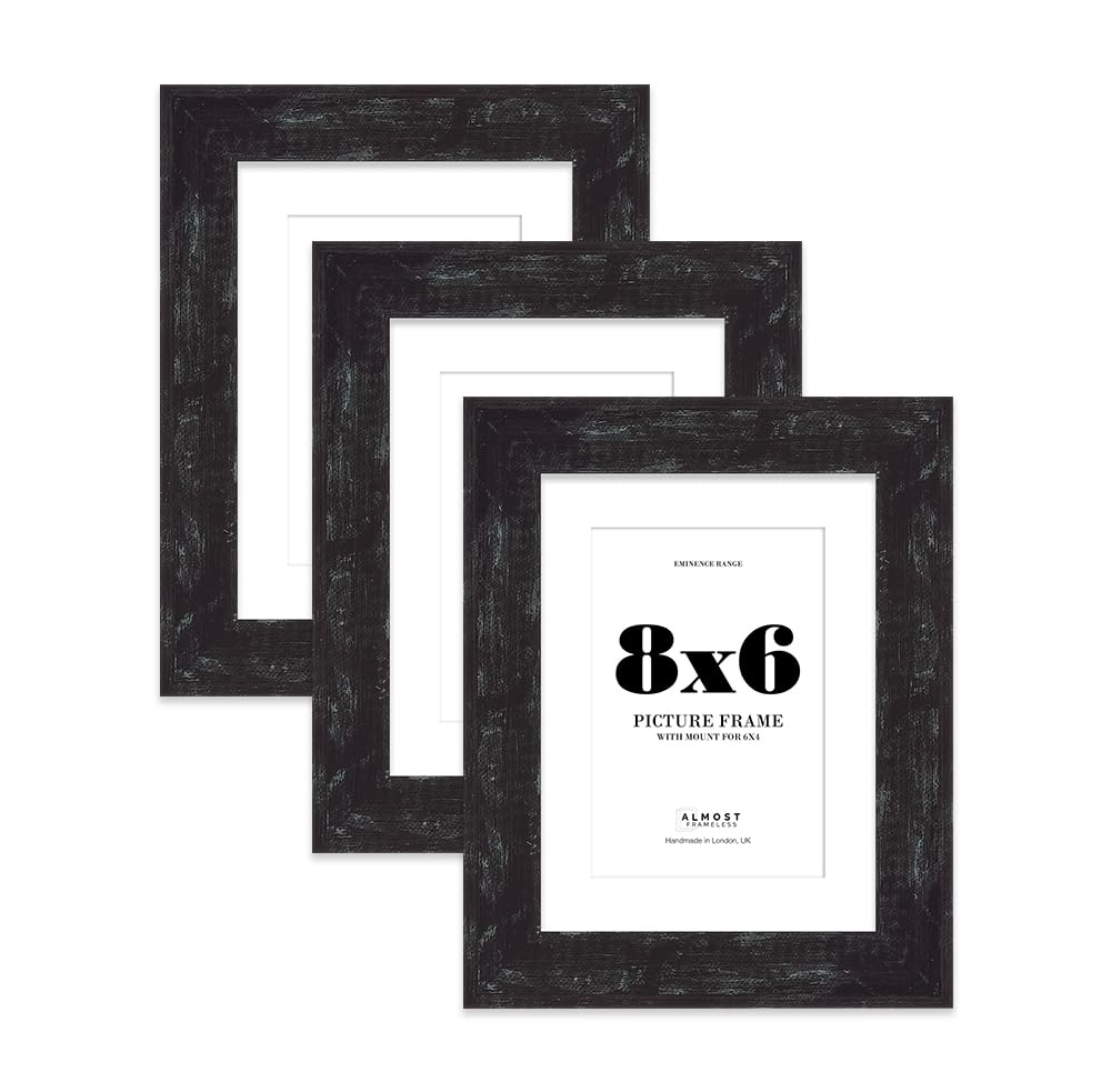 8x6" Distressed Black Picture Frame with 6x4" Mount - Barnwood Photo Frame with Distressed Finish, Wall Hooks and Kickstand, 32mm Edge - 3 Pack