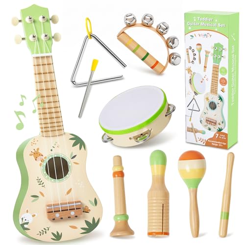 Toddler Guitar Set 7-in-1 Wooden Baby Musical Instruments Band Includes 17 Ukulele Maracas Drum Trumpet & More - Perfect Toy for Kids Ages 1-5 Ideal Gift for First Birthday Christmas