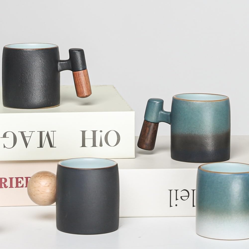Ceramic Espresso Cups Set of 2 with Wooden Handle, 2.4oz Gradient Color Small Coffee Cups Demitasse Cups Perfect for Tea and Espresso (Blue and Black)
