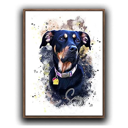 Custom Dog/Cat Portrait Watercolor Painting Framed Canvas Prints with Your Photos Wall Art for Home Decoration, Personalized Memorial Gift for Pet Lovers Dog Moms (12x16 inches, Wood Frame)
