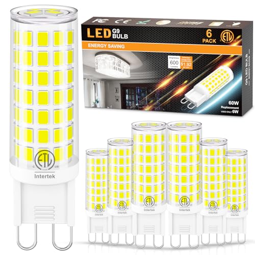 hansang G9 LED Bulb Daylight 5000K 60W Halogen Equivalent, T4 G9 Bi-Pin Base Light Bulbs for Chandelier Home Lighting, AC120V, Non-Dimmable, 6 Pack