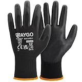 KAYGO 12 pares de guantes de trabajo para hombres y mujeres, guantes de protección recubiertos de PU, agarre antideslizante en palmas y dedos, adecuados para trabajos generales (Negro, talla 11)