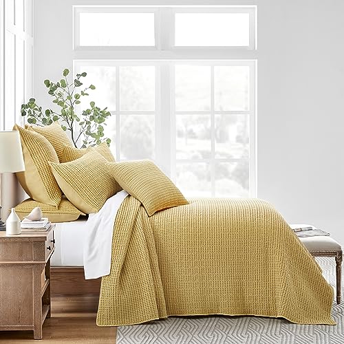 Image of Levtex Home Mills Waffle Queen Bedspread Set (106x106in) with 2 Pillow Shams (26x20in) - Ochre - Cotton Waffle Queen Size Bedspread Set - Lightweight, Soft, Pre-Washed