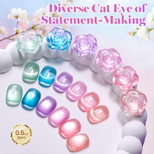 Image of Beetles Petal Charm Cat Eye Gel Nail Polish Set - 6 Colors 0.5Oz Full Size Spring Gel Polish Kit Glitter Pink Purple Blue Orange Red Green Magnetic Effect Soak Off UV Salon at Home Manicure Gift