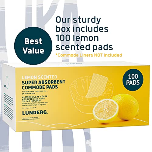 Lunderg Lemon Scented Super Absorbent Commode Pads - Medical Grade Value Pack 100 Count - For Bedside Commode Liners Disposable, Adult Commode Chair, Portable Toilet Bags - Make Your Life Easier #TOP3