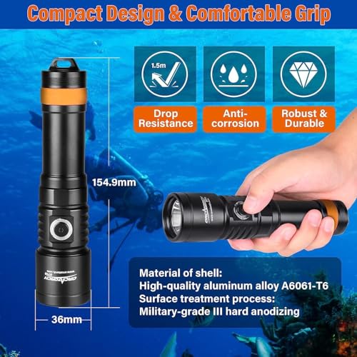 Image of ORCATORCH D710 Scuba Diving Light, 3000 Lumens Super Bright Underwater Flashlight with 6 Degrees Narrow Beam, IP68 Waterproof Night Dive Torch 150 Meters Submersible Light (Black)