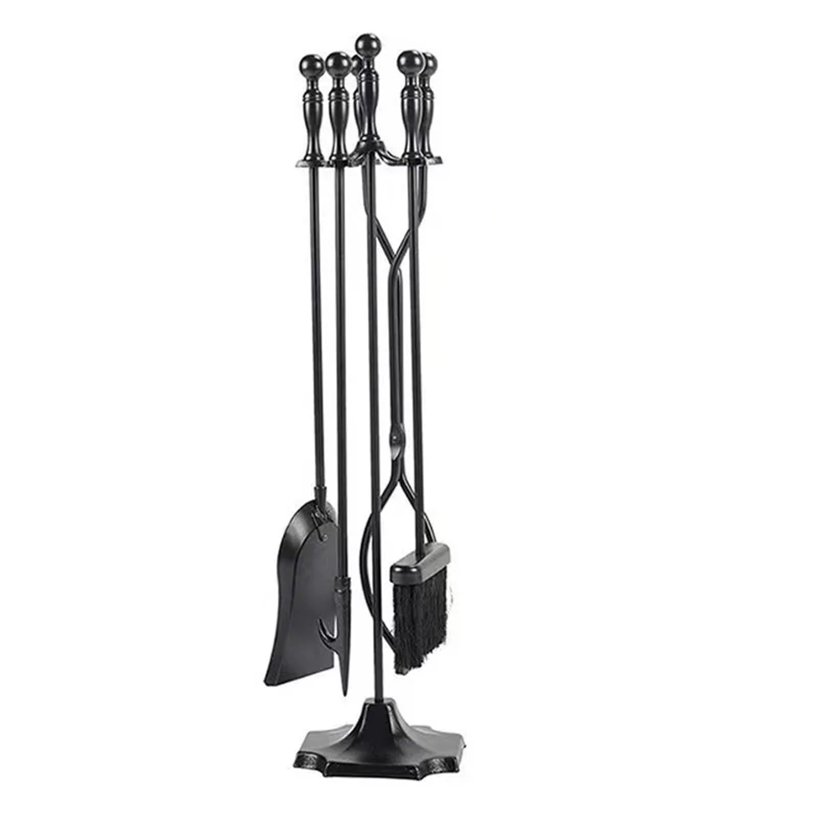 Juego de Limpieza de Chimenea de Hierro Forjado de 5 Piezas. Incluye Pala para Cenizas, Escoba, recogedor y Pinzas. Herramientas específicas para Chimenea. Color Negro. Estilo B.
