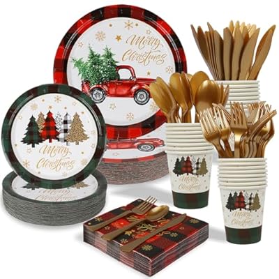 ANALIM 350 PCS Christmas Disposable Paper Plates Dinnerware Set Includes Dinner Plates Dessert Plates Cups Napkins Knives Forks Spoons for Christmas Party Supplies