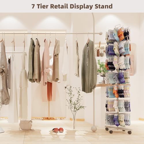 Image of Retail Display Racks 7 Tier Spinning Display Stand, Movable Shop Spinner Rack with Hooks, Retail Display Stand for Jewelry Keyring Hats Socks Toys (White)