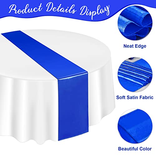 Image of 12 Pack 12x108 Inch Satin Table Runner and 84 Inch Round Plastic Tablecloths Set Royal Blue and White Disposable Table Cover for Graduation Wedding Bridal Shower Anniversary Birthday Party Decorations