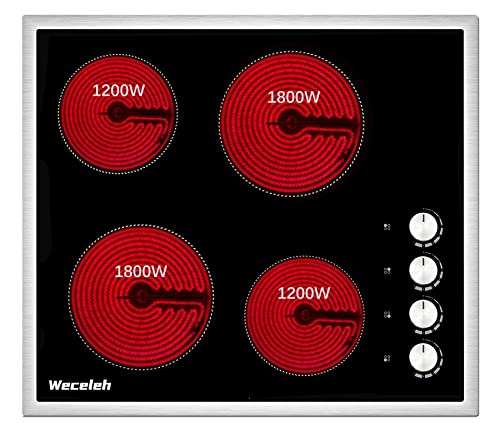 Weceleh 60cm Plaque de cuisson vitrocéramique avec bouton, rotatif 4 plaques, 6000 W, plaque de cuisson vitrocéramique intégrée, sécurité enfant, 220-240V, cadre en acier inoxydable