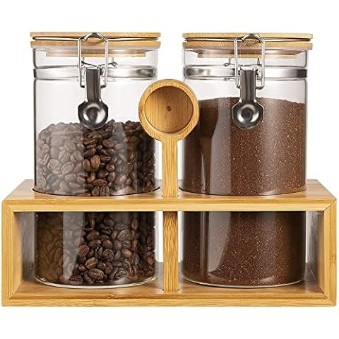 Yangbaga Glass Sugar Coffee Canister for Ground Coffee, 2×45OZ Coffee Containers with Shelf Coffee Station Coffee Bar Accessories Organizer Decor, Food Storage Jar with Coffee Scoop for Kitchen Cover
