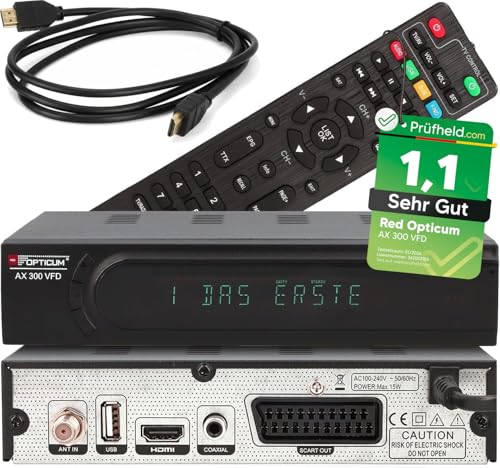 RED OPTICUM HD Sat Receiver AX 300 VFD Display PVR Ready - USB TV Aufnahme, HDMI, SCART, Coaxial - Digital TV Receiver für Satellitenschüssel/Satelliten/Satellit + netshop 25 HDMI Kabel