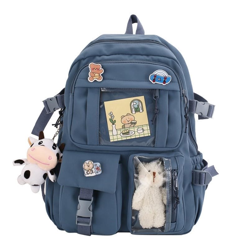 Mochila Escolar feminina de nylon com vários bolsos, bolsa escolar Kawaii, para viagem, estudante, Cor Azul