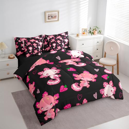 Image of Feelyou Kids Cute Axolotl Bed in A Bag Twin Size, Strawberry 7 Pieces Bedding Set Boys Girls Kawaii Ocean Sealife Comforter Set with Sheets Cartoon Fruit Teens Bed Set 7Pcs